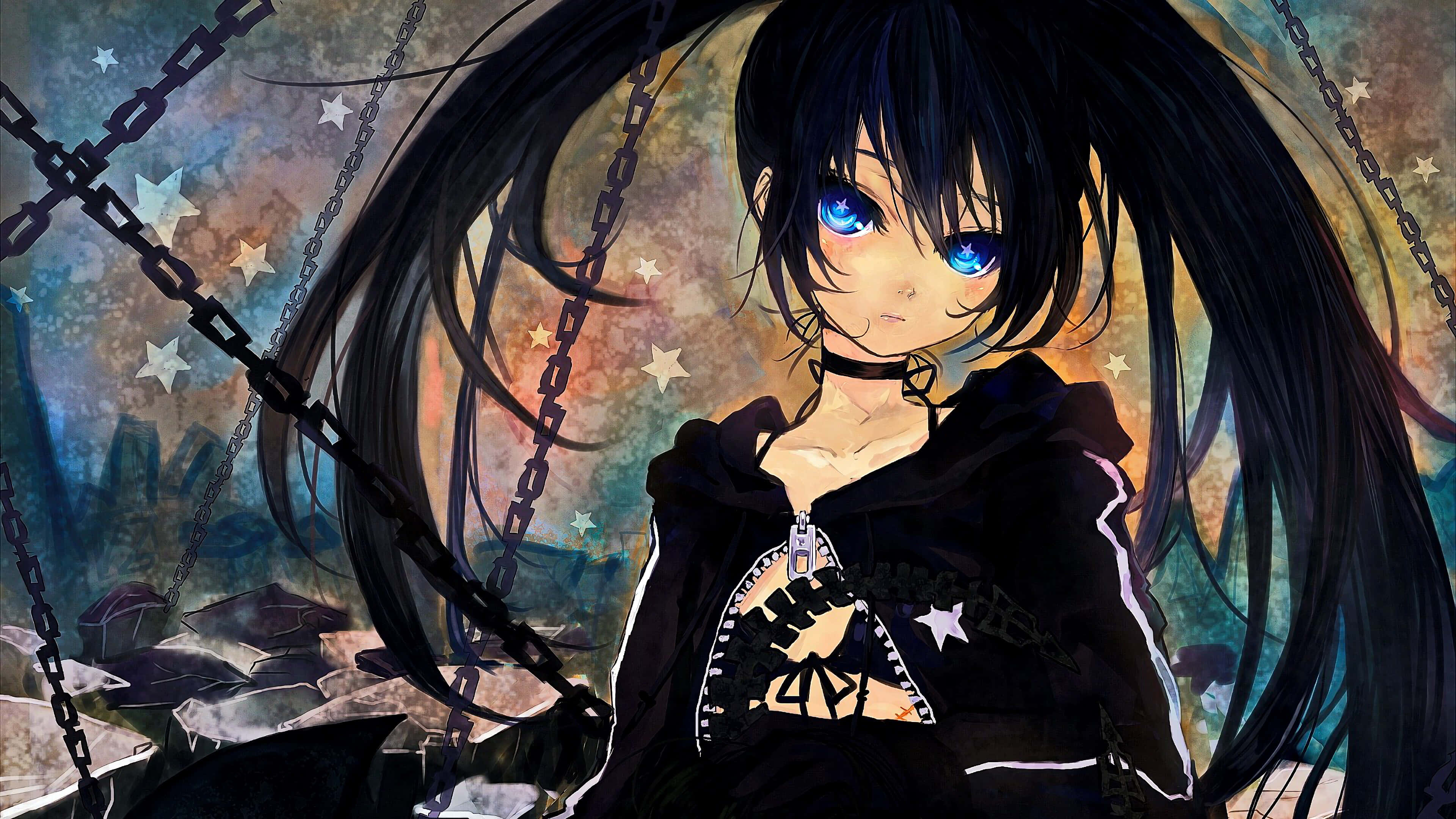Cute Emo, glowing blue eyes, colorful hair, 4K Desktop Wallpaper