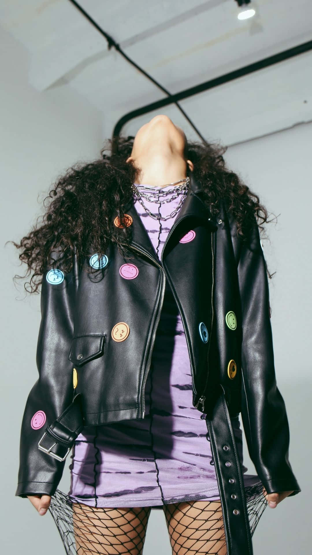 cute emo, black leather jacket, colorful smiley face buttons, Full HD Phone Wallpaper
