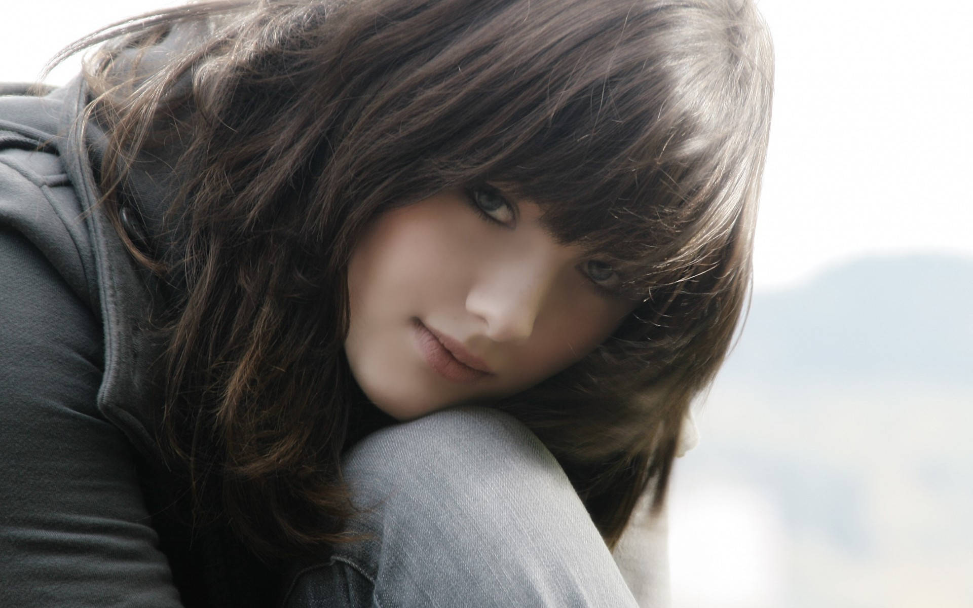 cute emo girl, dark hair, hazy mountain backdrop, Full HD Desktop Wallpaper