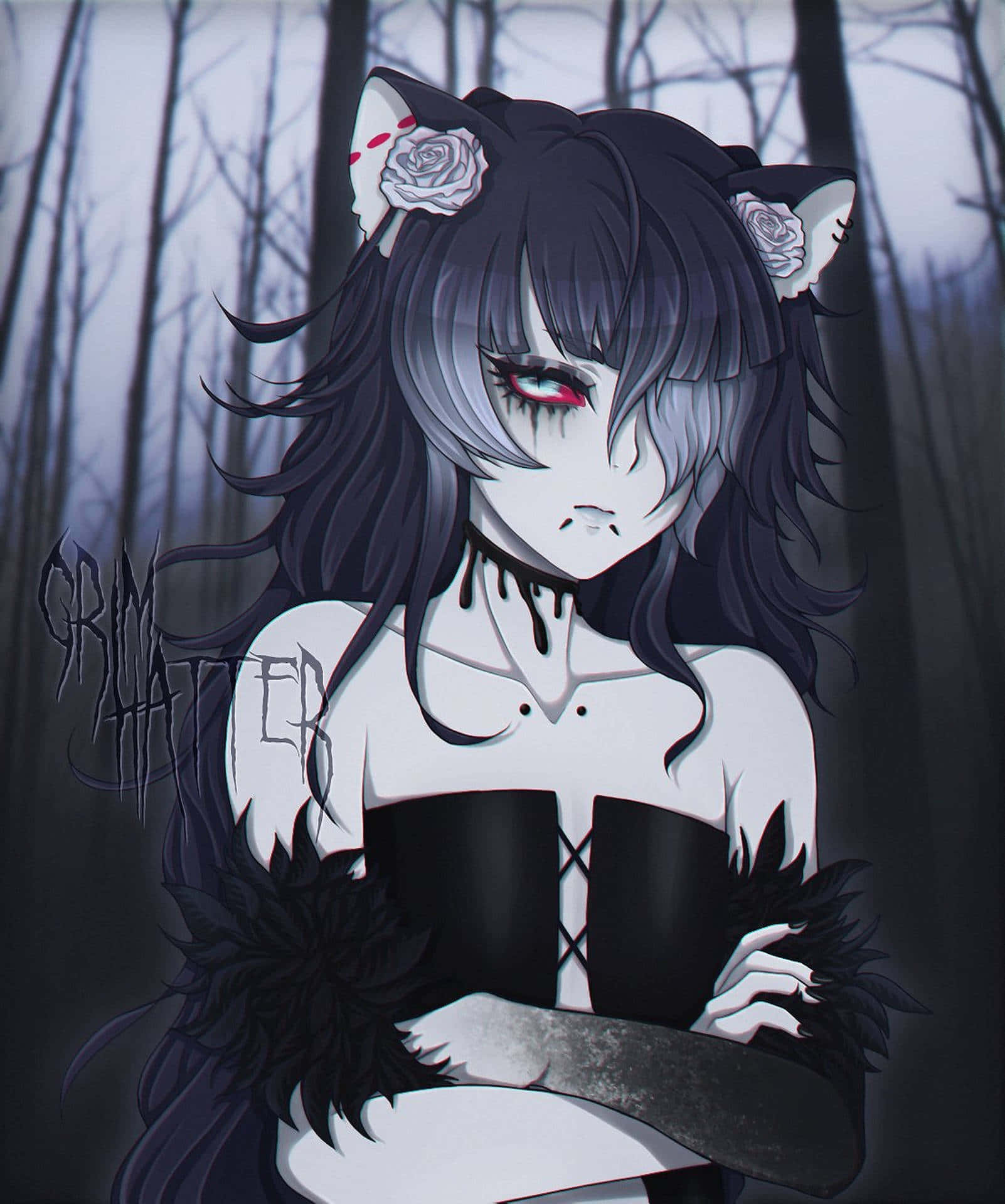 emo anime, gothic anime girl, black cat ears, Full HD Phone Wallpaper