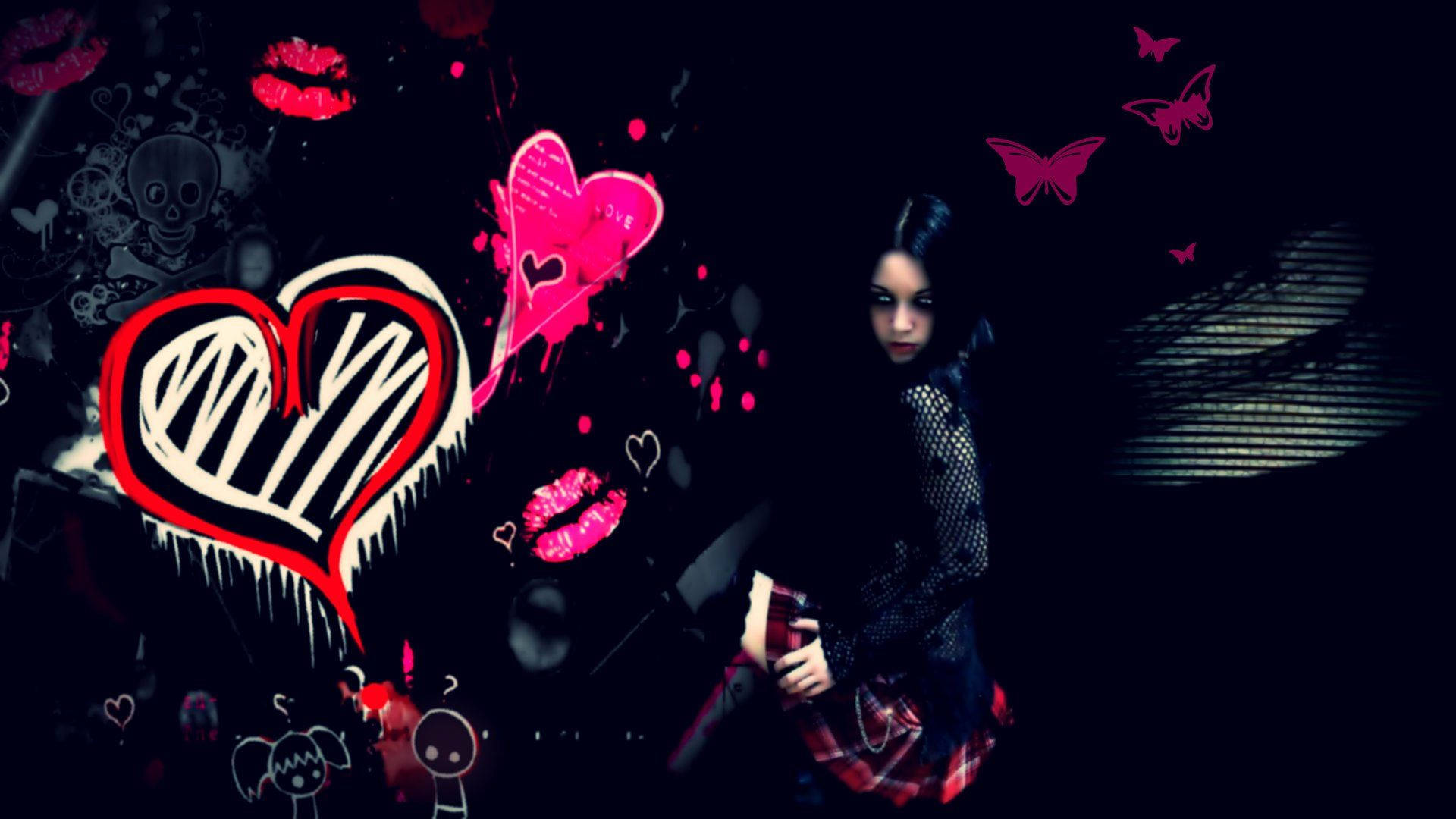 emo girl, black hair, red plaid skirt, Full HD Desktop Wallpaper