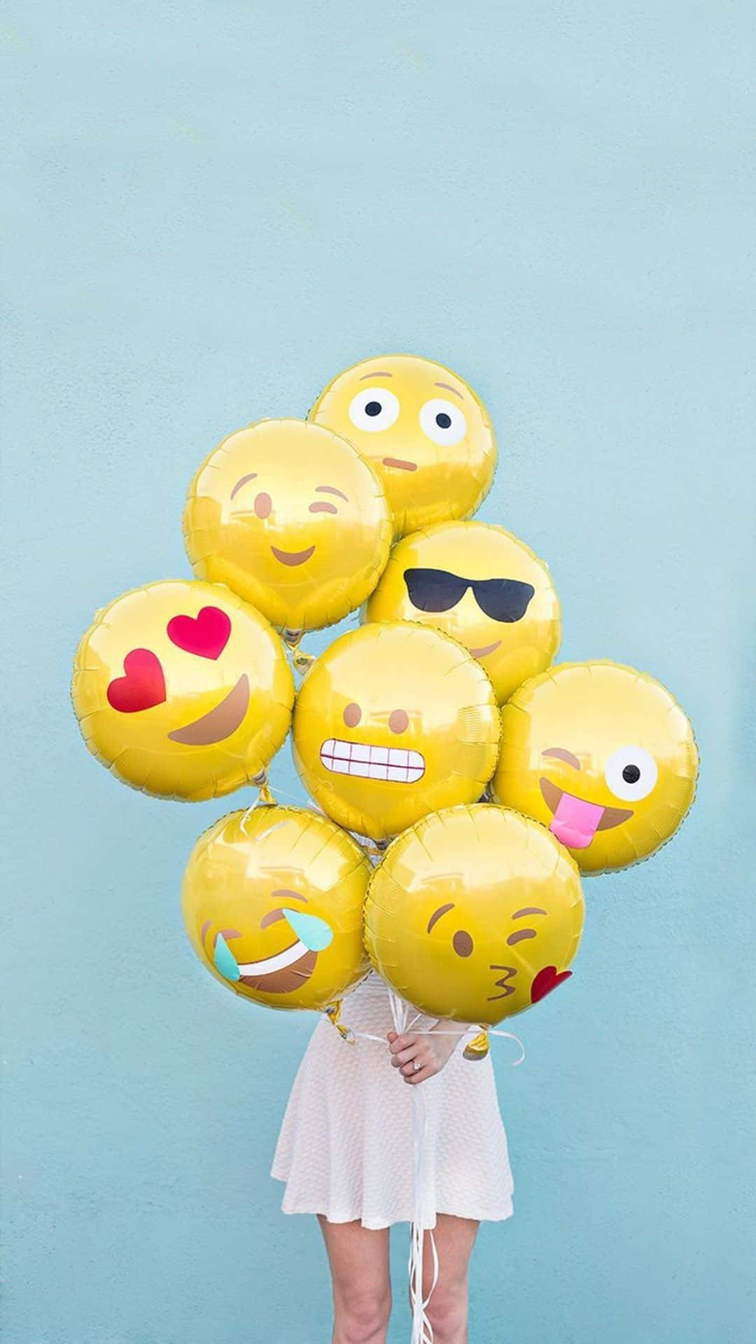 Smiling Away with Cute Emojis, white dress, bright yellow emoji balloons, Full HD Phone Wallpaper
