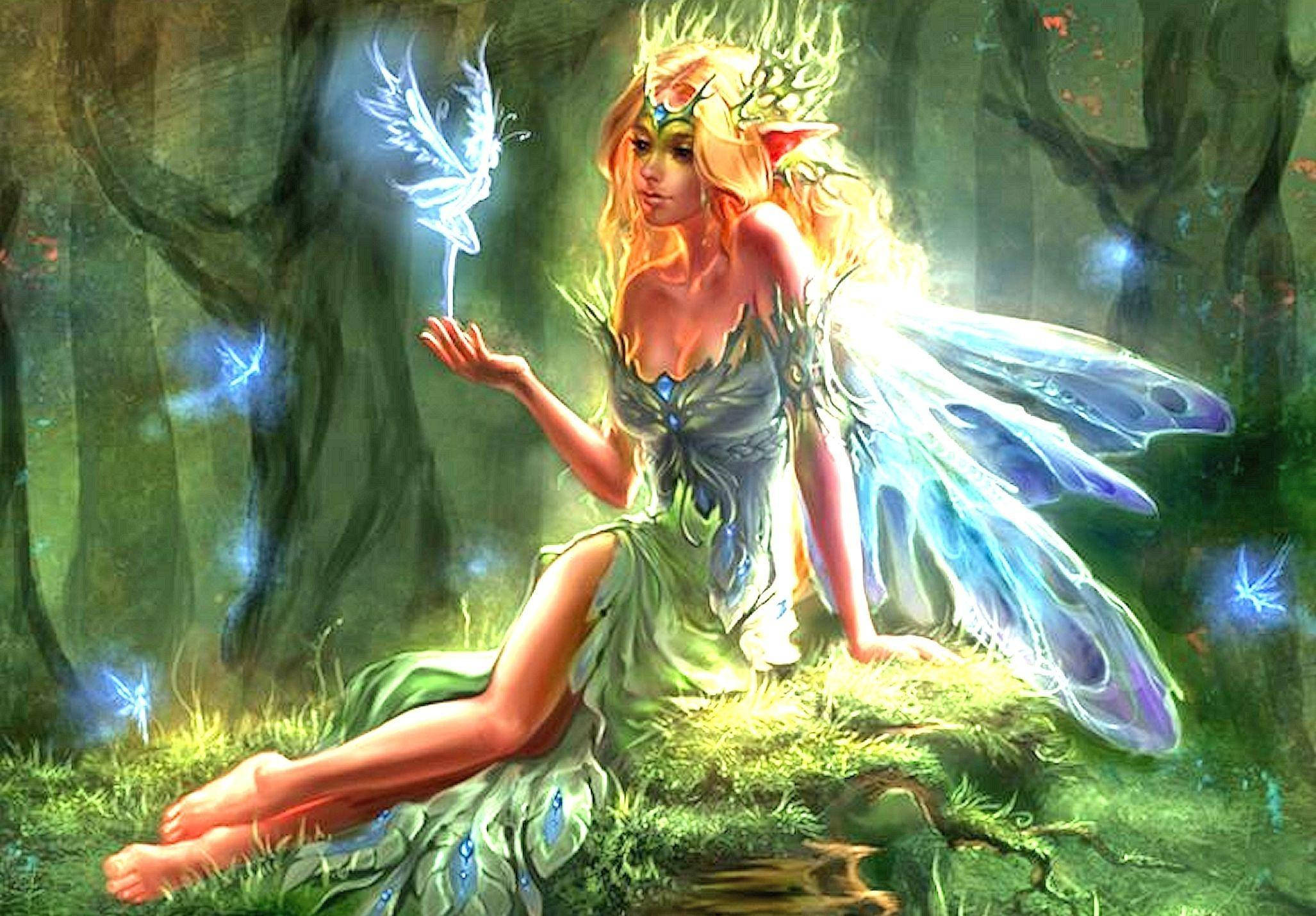 magical fairy, glowing wings, crown of leaves, Full HD Desktop Wallpaper