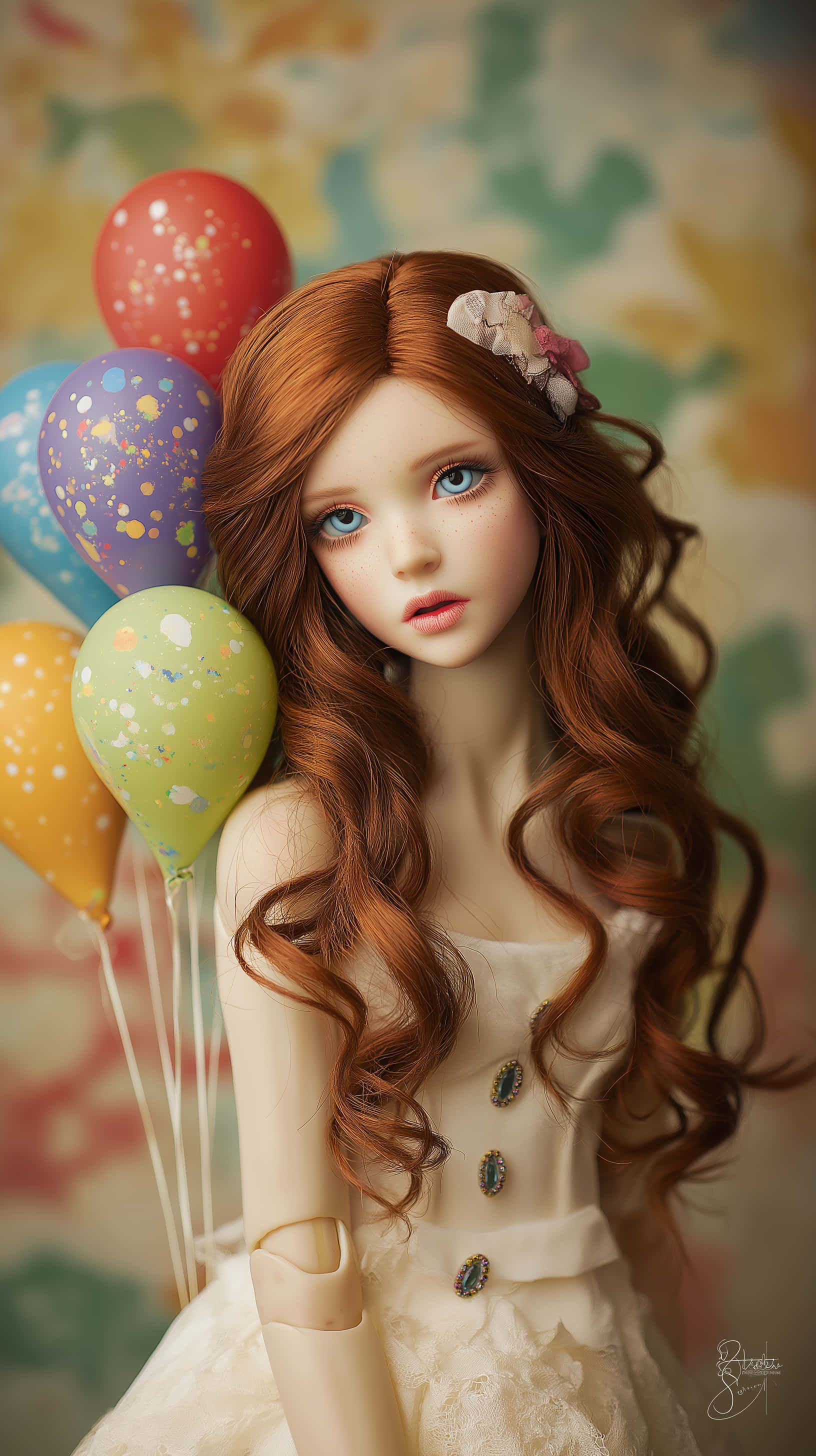 cute red haired doll, blue eyes, heart balloons, 2K Phone Wallpaper