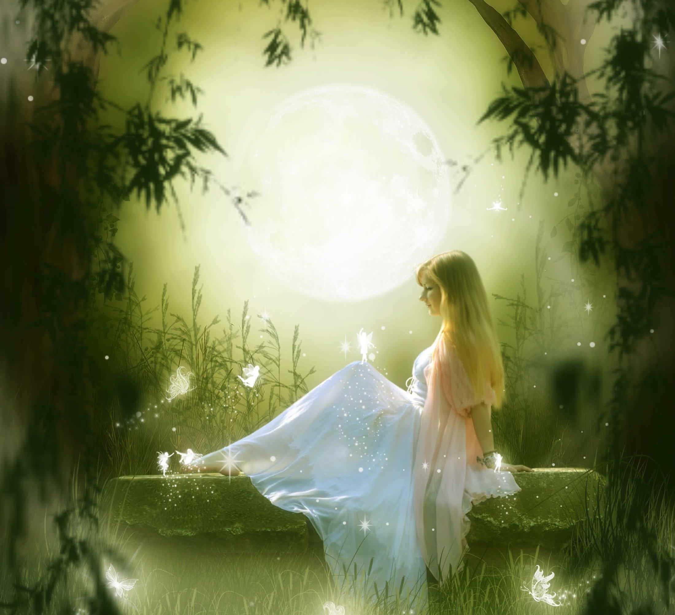 cute fairy, glowing white gown, luminous full moon, Full HD Desktop Wallpaper