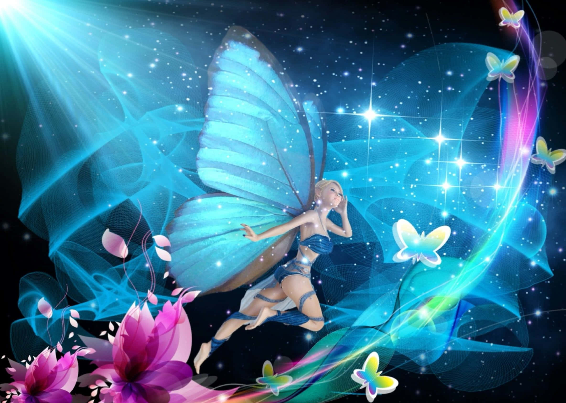 cute fairy, glowing blue-winged fairy, cosmic swirls, Full HD Desktop Wallpaper
