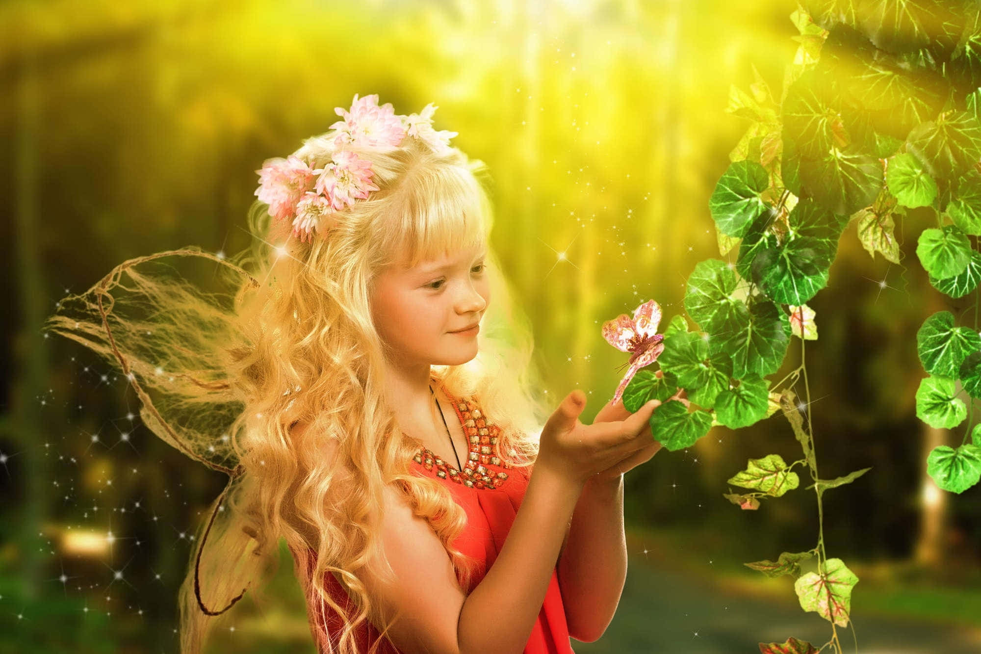 cute fairy, floral crown, butterfly, Full HD Desktop Wallpaper