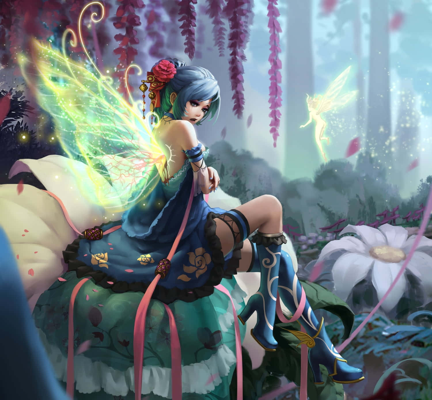 cute fairy, blue-haired fairy, glowing wings, HD Desktop Wallpaper