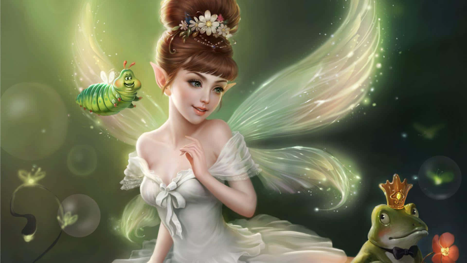 cute fairy, white gown, glowing wings, Full HD Desktop Wallpaper