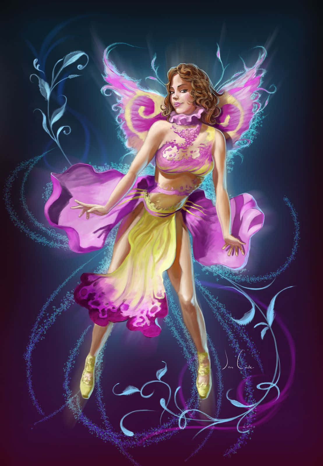 cute fairy, purple and yellow wings, glowing blue swirls, HD Phone Wallpaper
