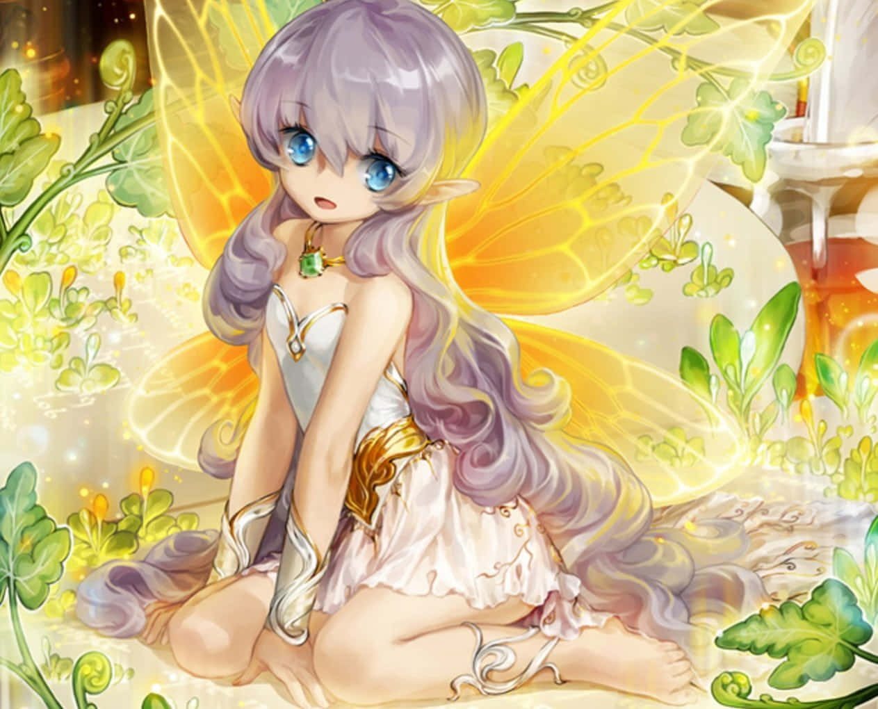 cute fairy, lavender hair, glowing yellow wings, SD Desktop Wallpaper