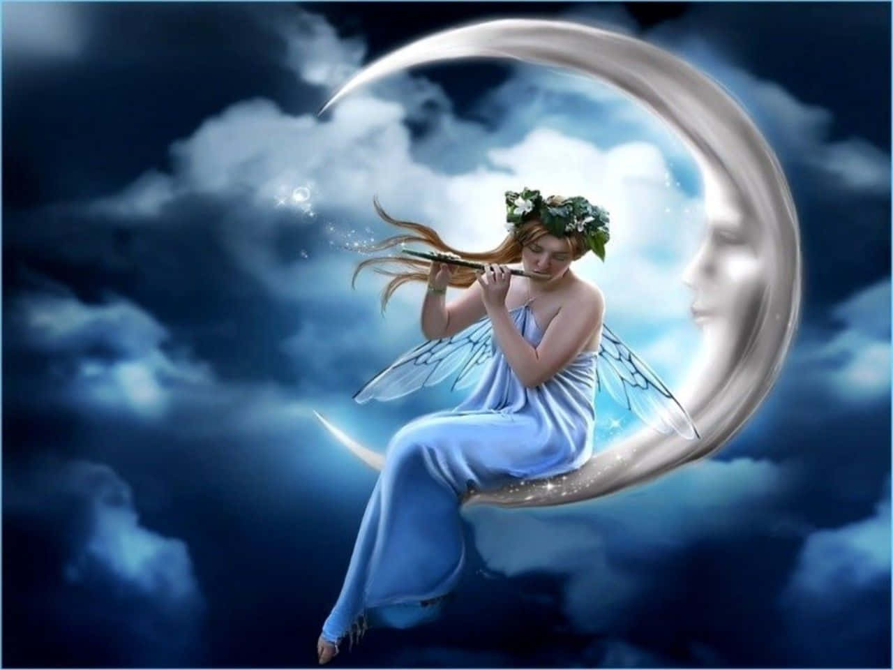 cute fairy, blue-robed fairy, wings, HD Desktop Wallpaper