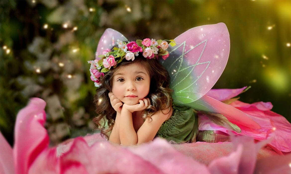 cute fairy, pink wings, floral crown, SD Desktop Wallpaper