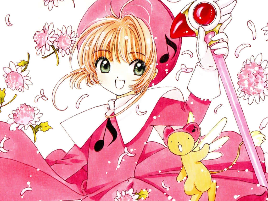 anime girl, pink witch outfit, magic wand, SD Desktop Wallpaper