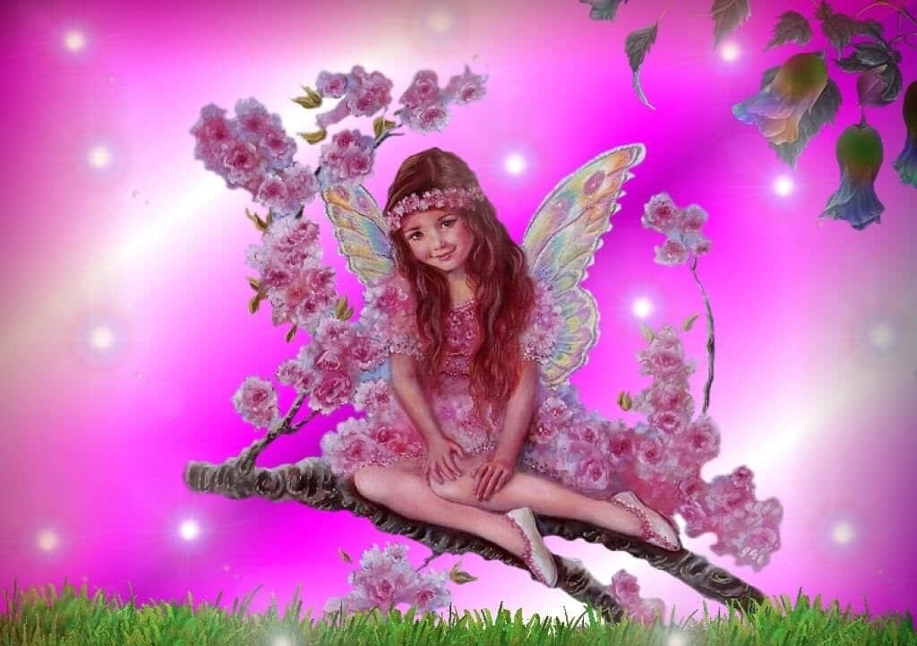 cute fairy, rainbow wings, blossoming cherry branch, SD Desktop Wallpaper