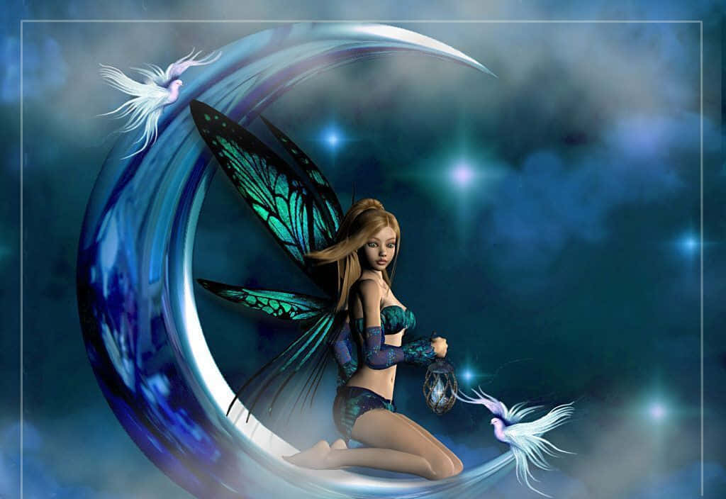 cute fairy, iridescent wings, glowing crescent moon, SD Desktop Wallpaper