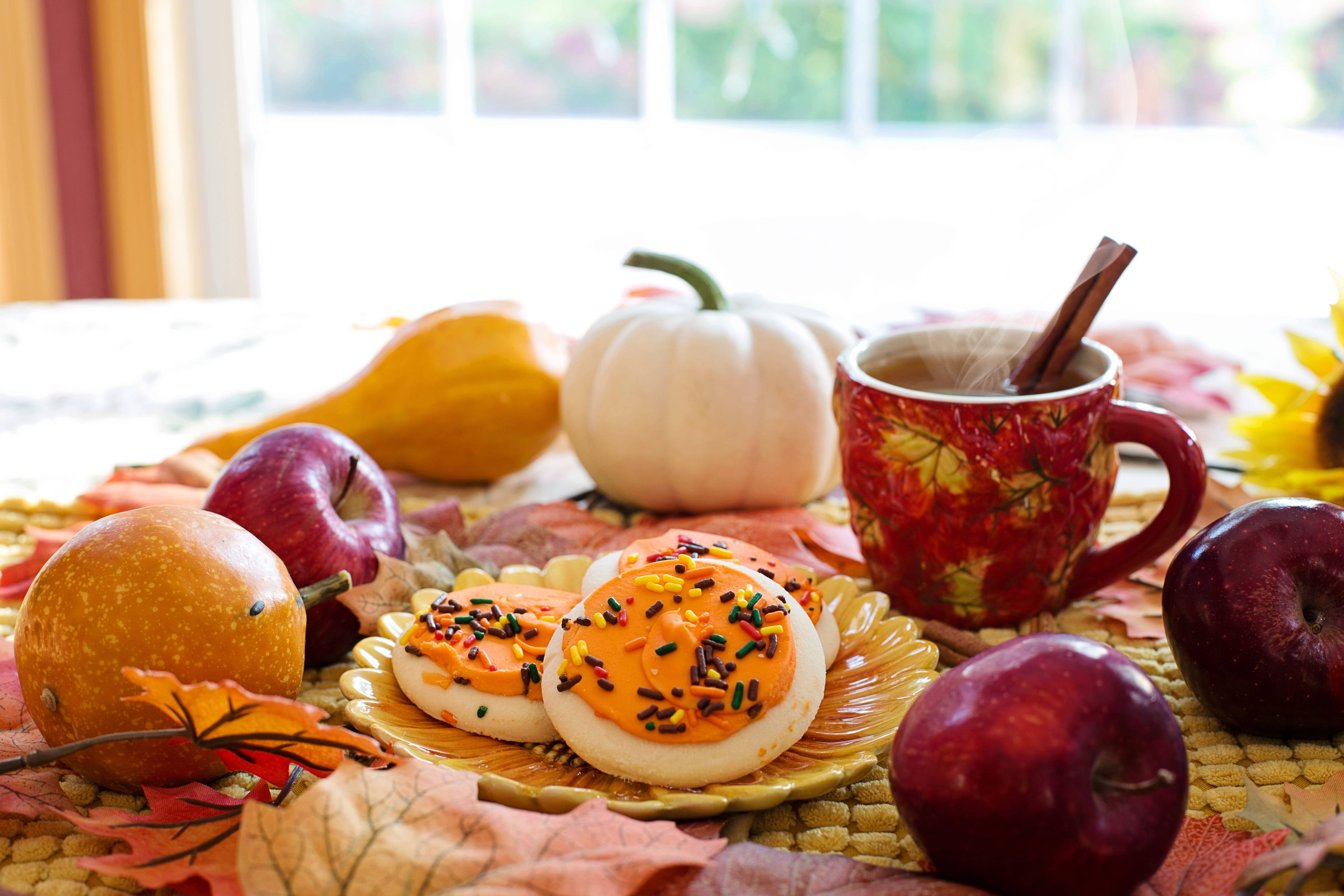 cozy autumn table setting, pumpkin cookies, cinnamon tea, 5K Desktop Wallpaper