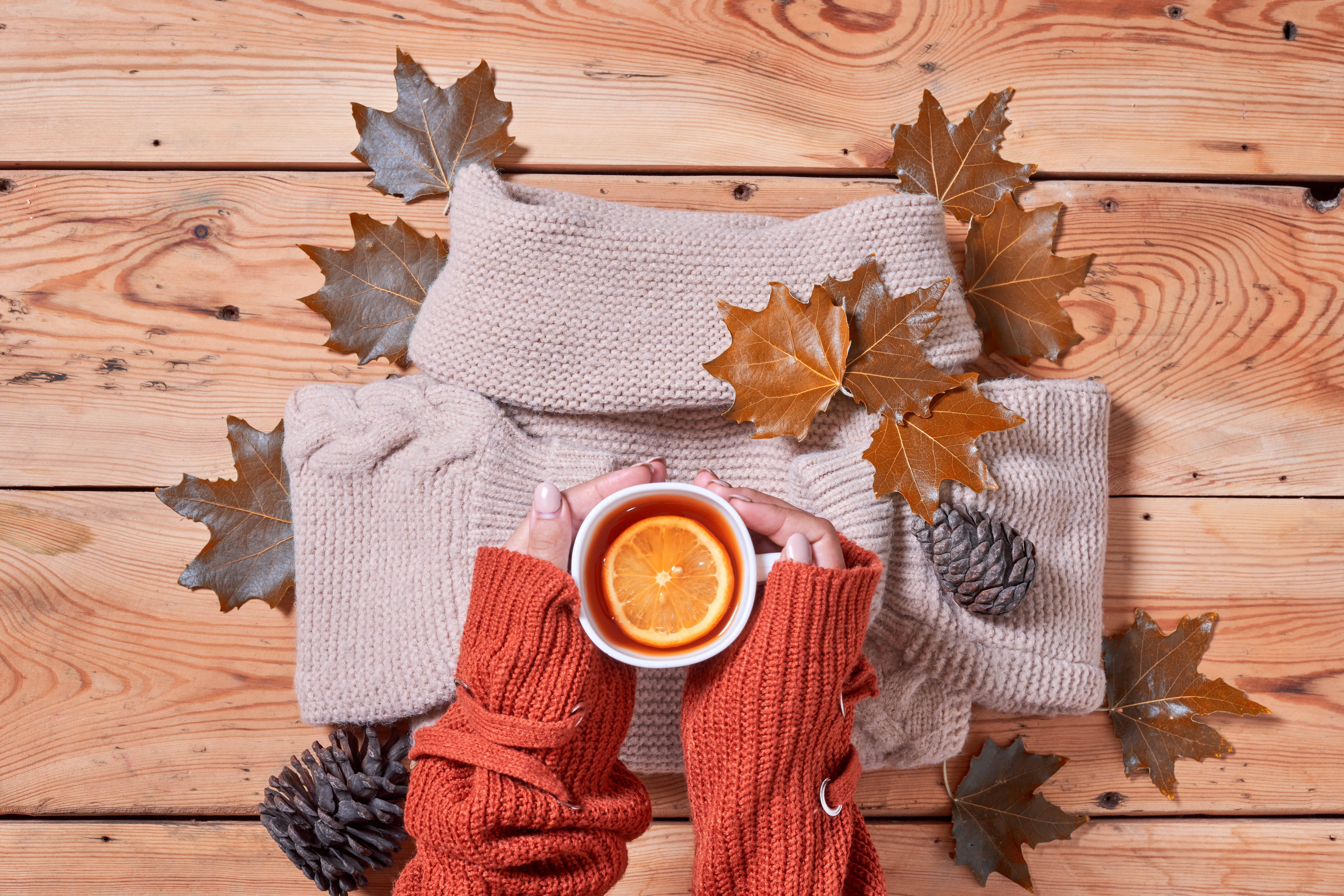 red mittens, mug with orange slice, beige sweater, 5K Desktop Wallpaper