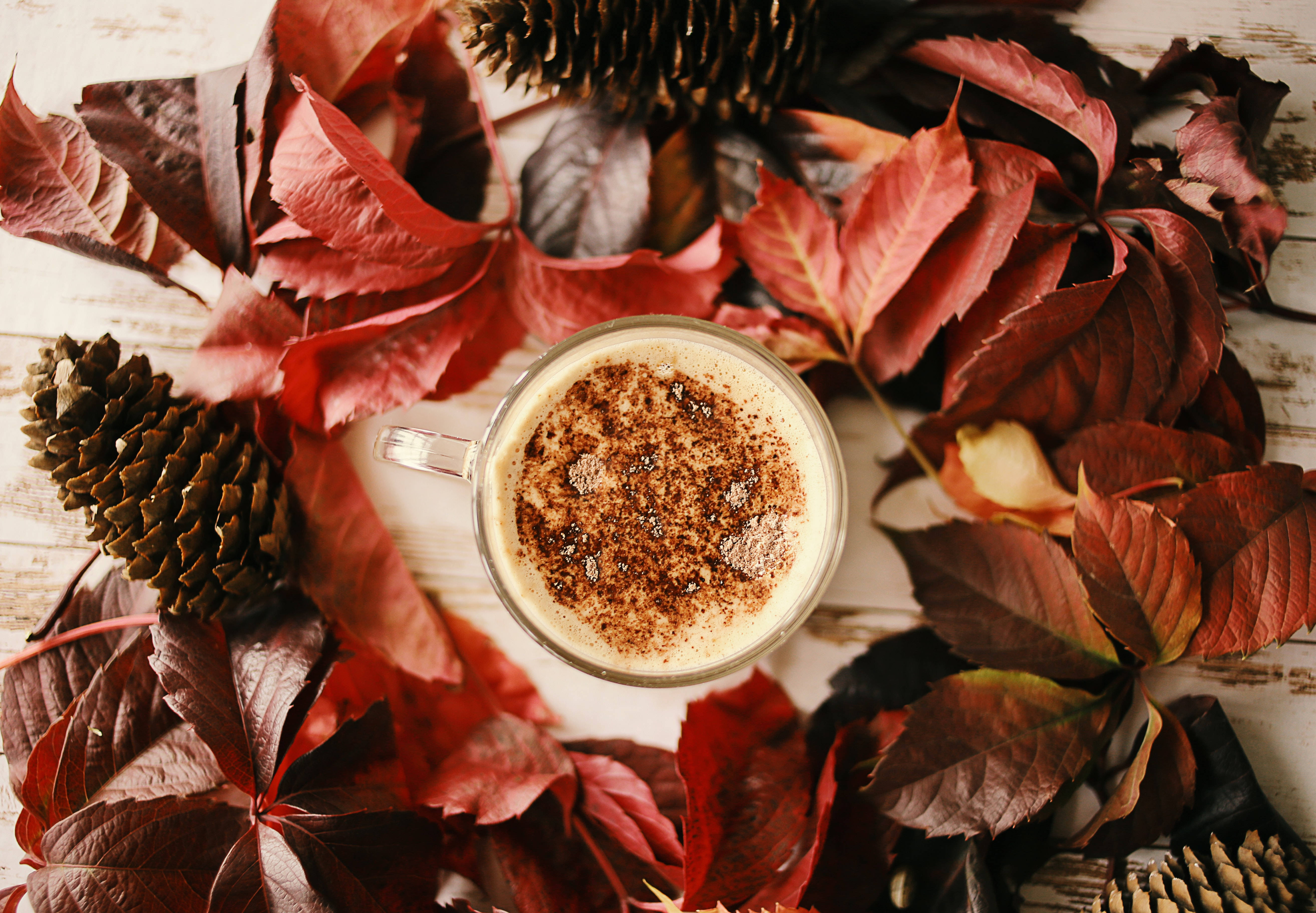 cinnamon-spiced coffee, vibrant red autumn leaves, pinecones, 5K Desktop Wallpaper