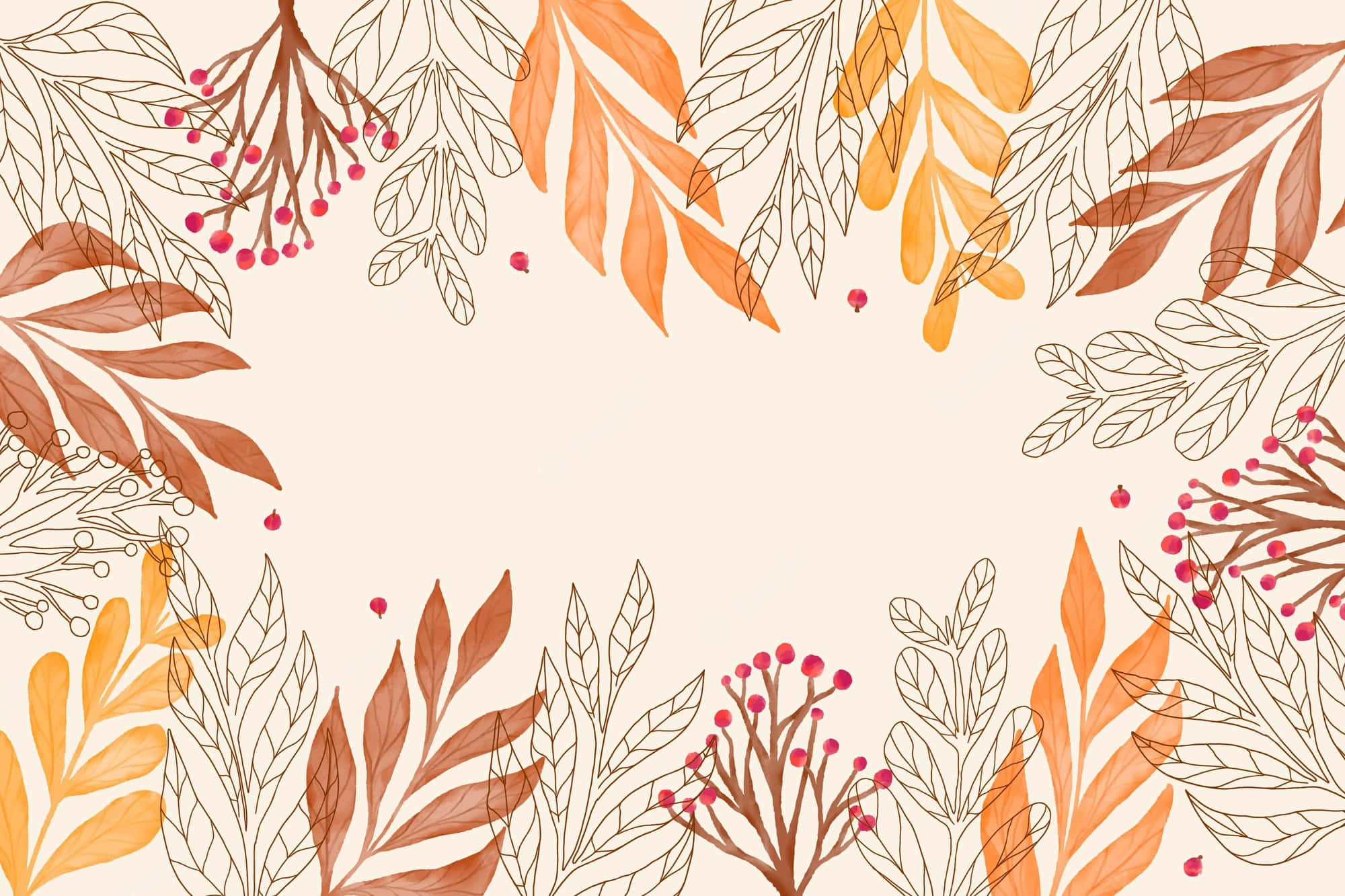 autumn leaves, berries, soft beige background, Full HD Desktop Wallpaper