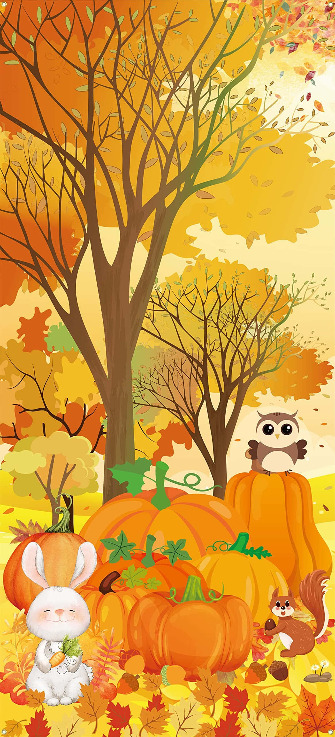 autumn forest creatures, cartoon animals, pumpkins, 2K Phone Wallpaper