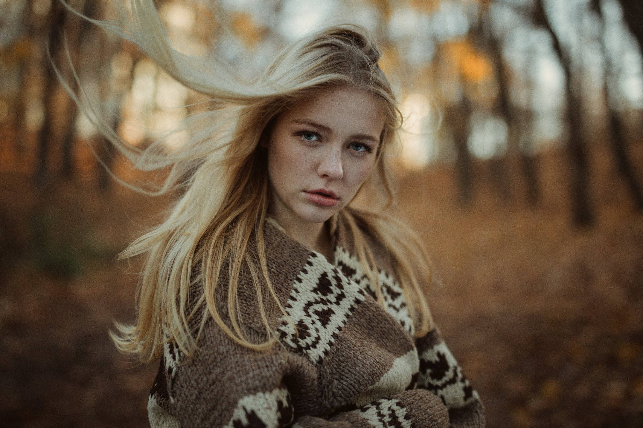 blonde woman, autumn forest, patterned knit sweater, Full HD Desktop Wallpaper