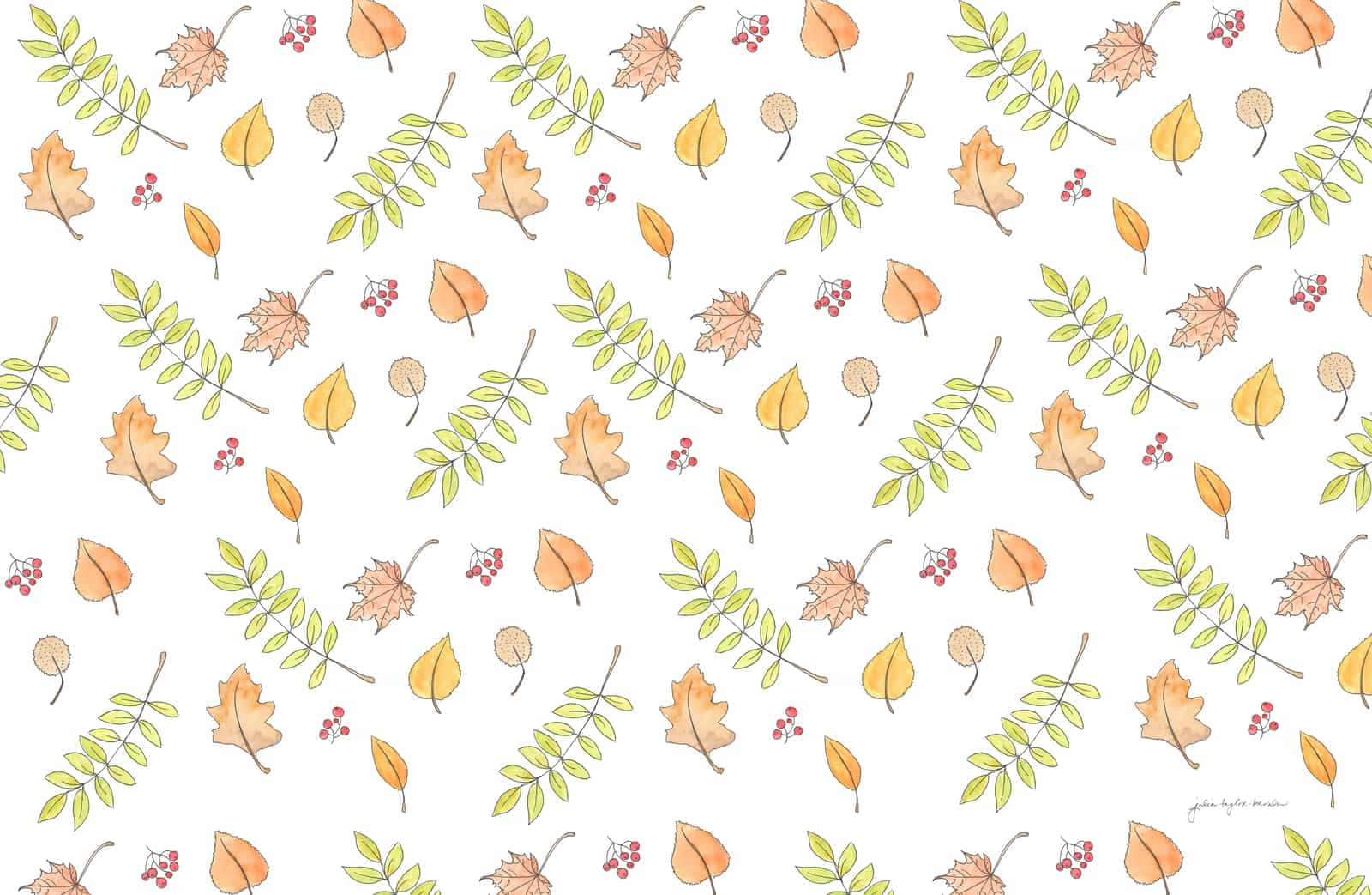 autumn leaves, berries, watercolor pattern, HD Desktop Wallpaper