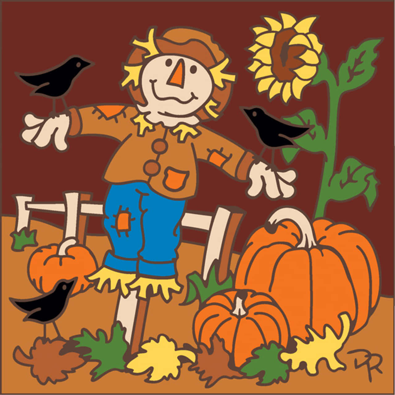 cheerful cartoon scarecrow, pumpkin patch, sunflowers, HD Desktop Wallpaper