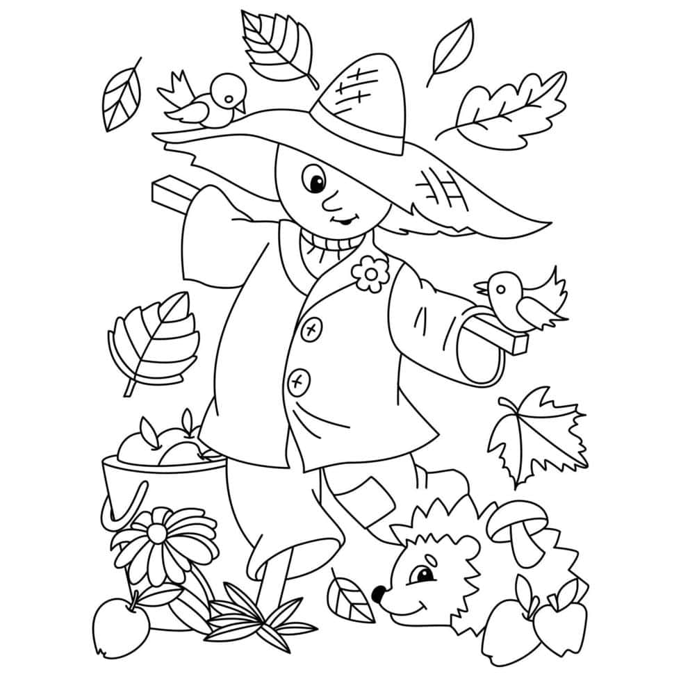 fall scarecrow, autumn leaves, apples, SD Desktop Wallpaper