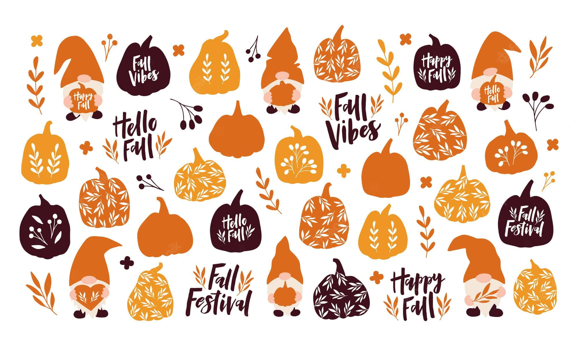 Cute Fall Patterns, autumn gnomes, pumpkins, Full HD Desktop Wallpaper