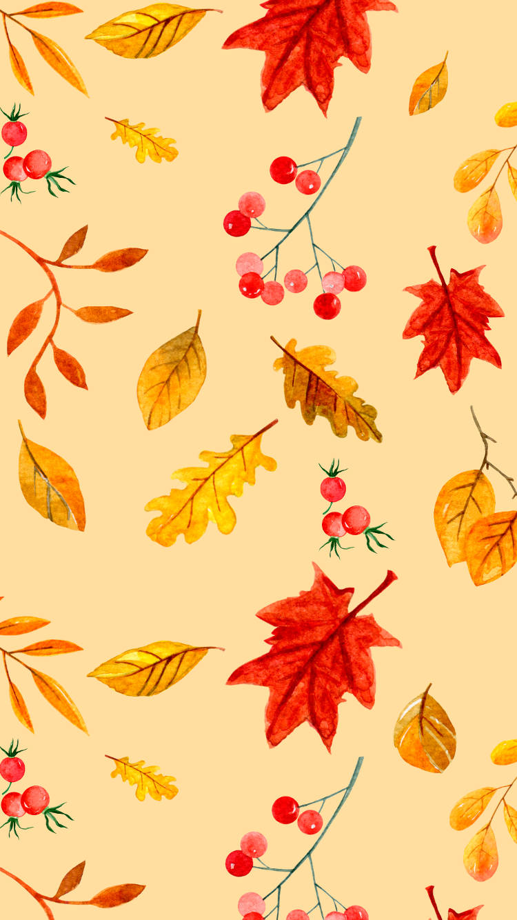 autumn leaves, red berries, yellow background, HD Phone Wallpaper