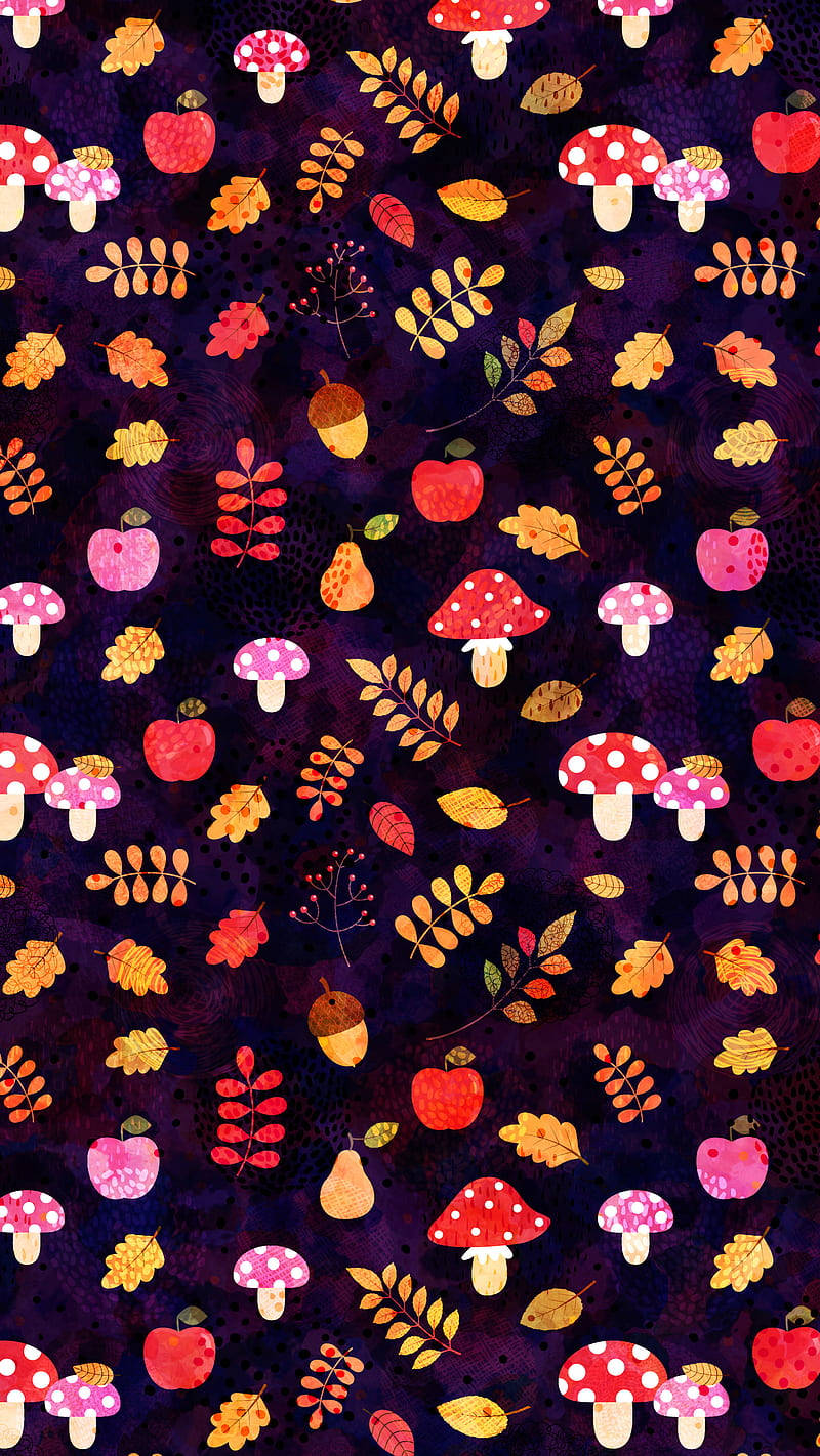 cute fall phone, red polka-dot mushrooms, apples, HD Phone Wallpaper