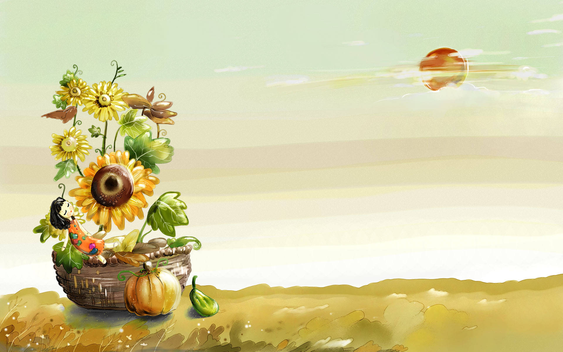 sunflowers, pumpkins, ladybug, Full HD Desktop Wallpaper