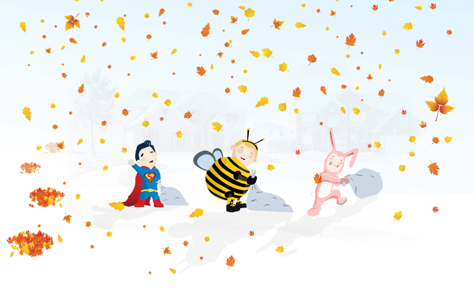 Cute Fall Kids Halloween, superhero costumes, autumn leaves, Full HD Desktop Wallpaper