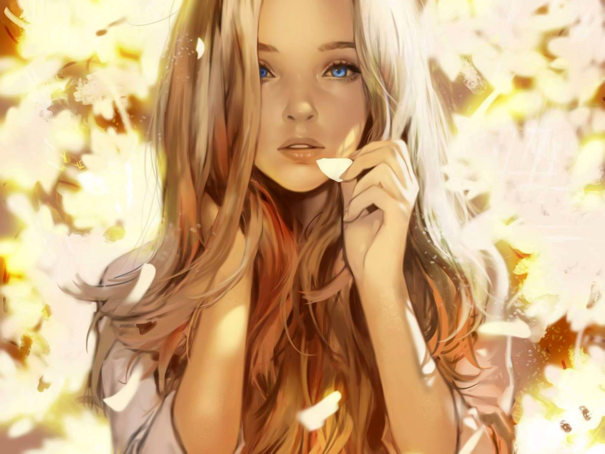 Cute Fall Anime Girl, long blonde hair, blue eyes, Full HD Desktop Wallpaper