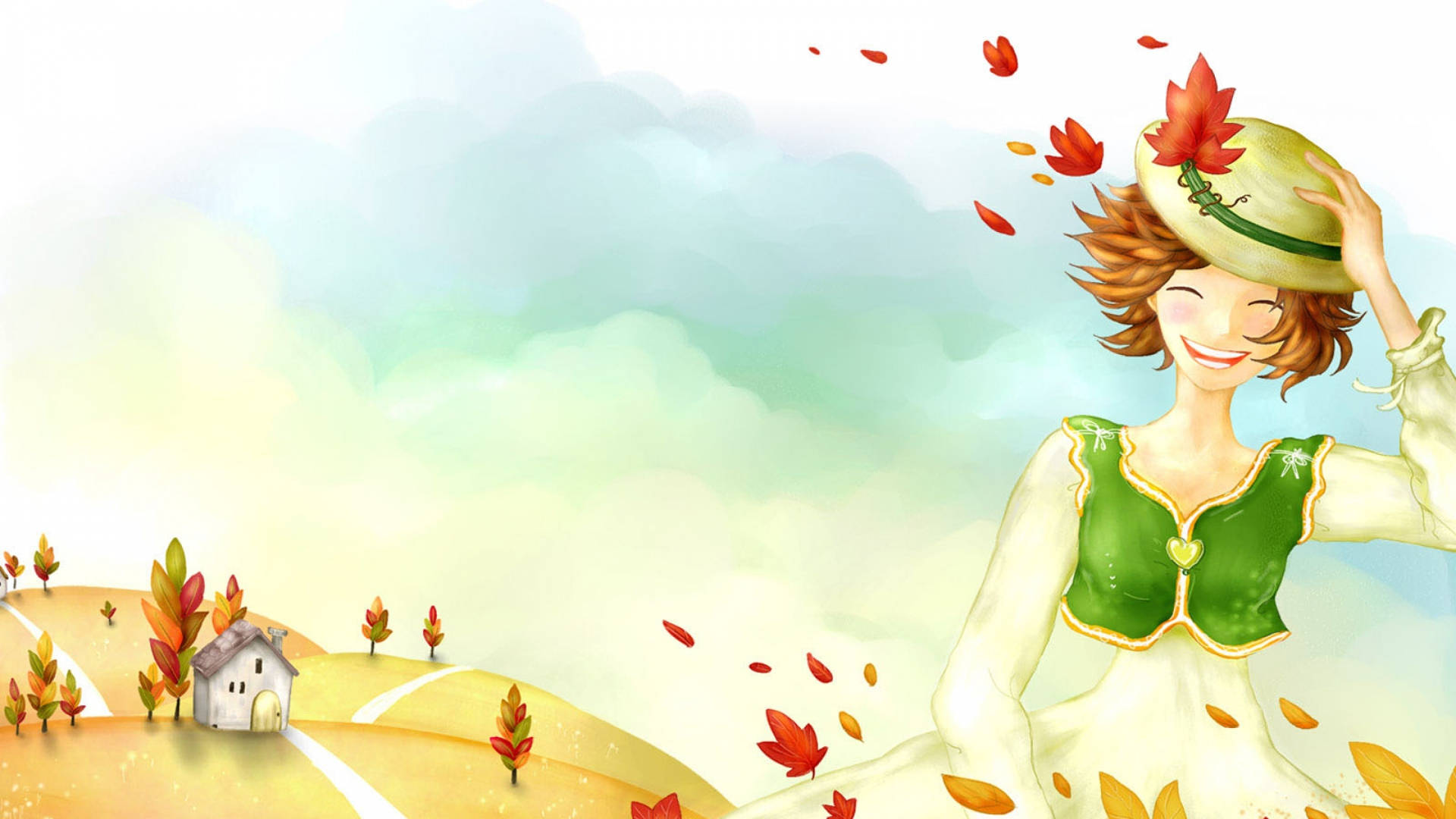 green vest, red maple leaves, golden autumn field, Full HD Desktop Wallpaper