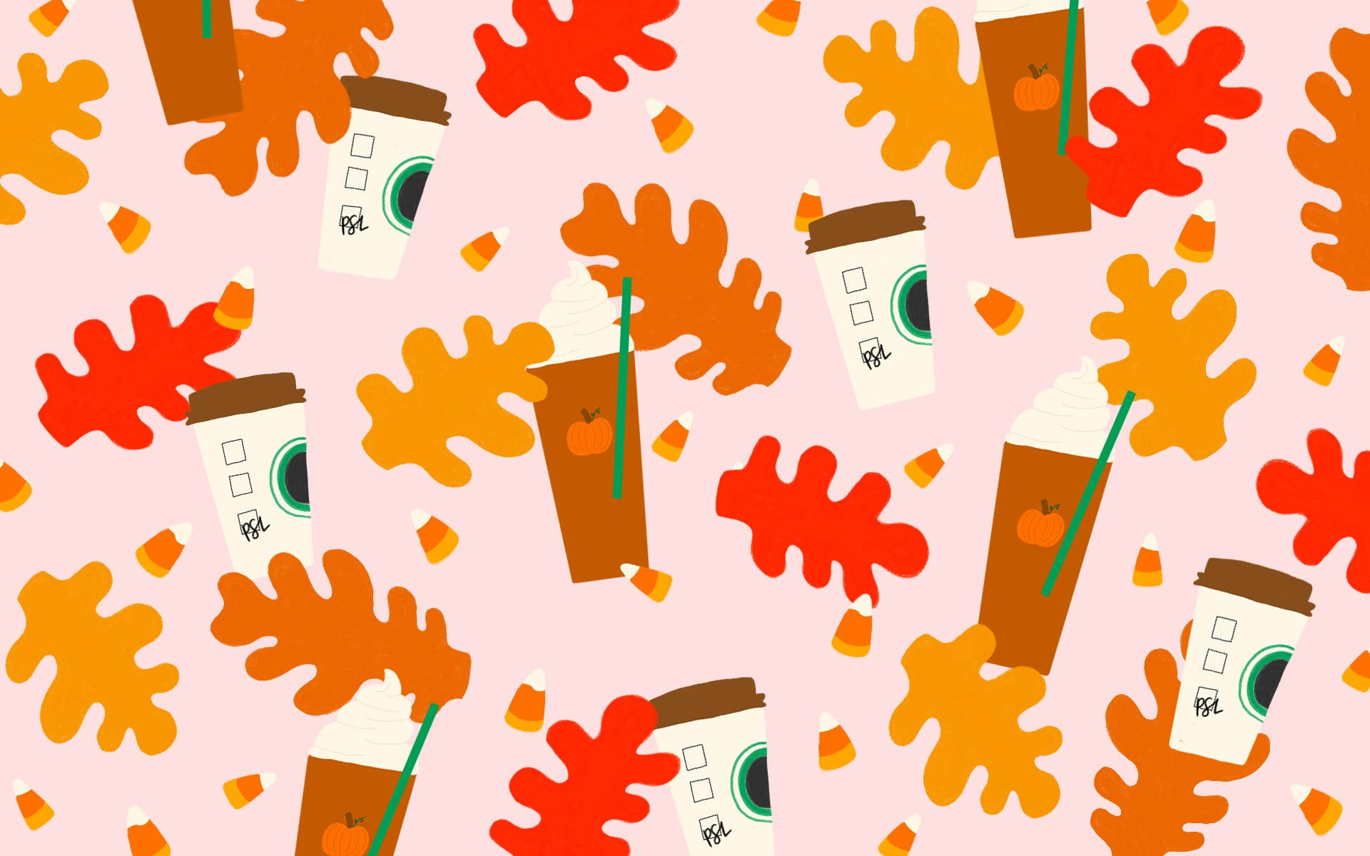 cute fall leaves cups, coffee cups, pumpkins, Full HD Desktop Wallpaper
