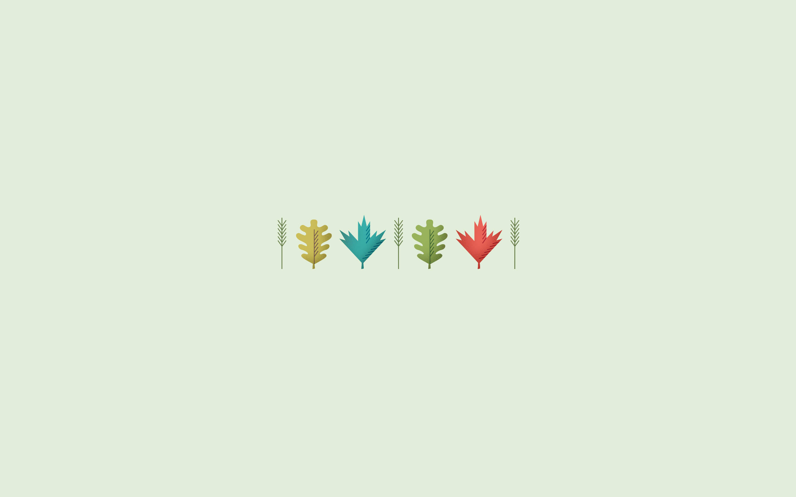 cute fall minimalist, five stylized colorful leaves, pale green background, 2K Desktop Wallpaper