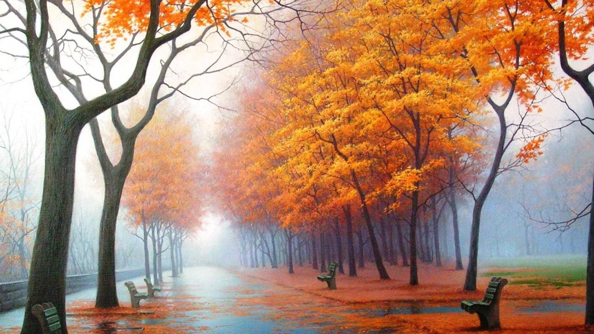 autumn park path, vibrant orange trees, scattered benches, Full HD Desktop Wallpaper