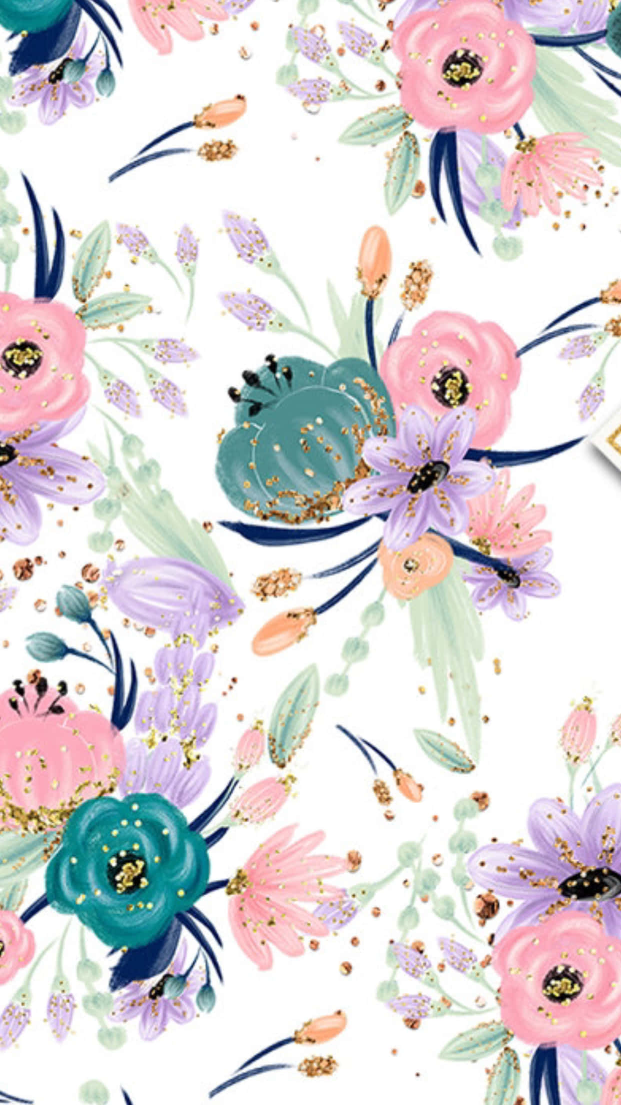 pastel cute floral, pink purple and teal blossoms, gold glitter, Full HD Phone Wallpaper
