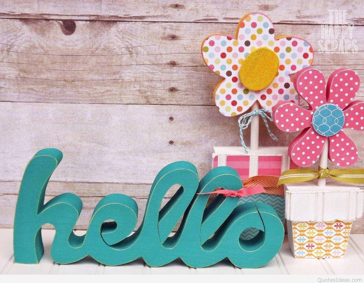 teal 3D 'hello' sign, colorful paper flowers, patterned pots, SD Desktop Wallpaper