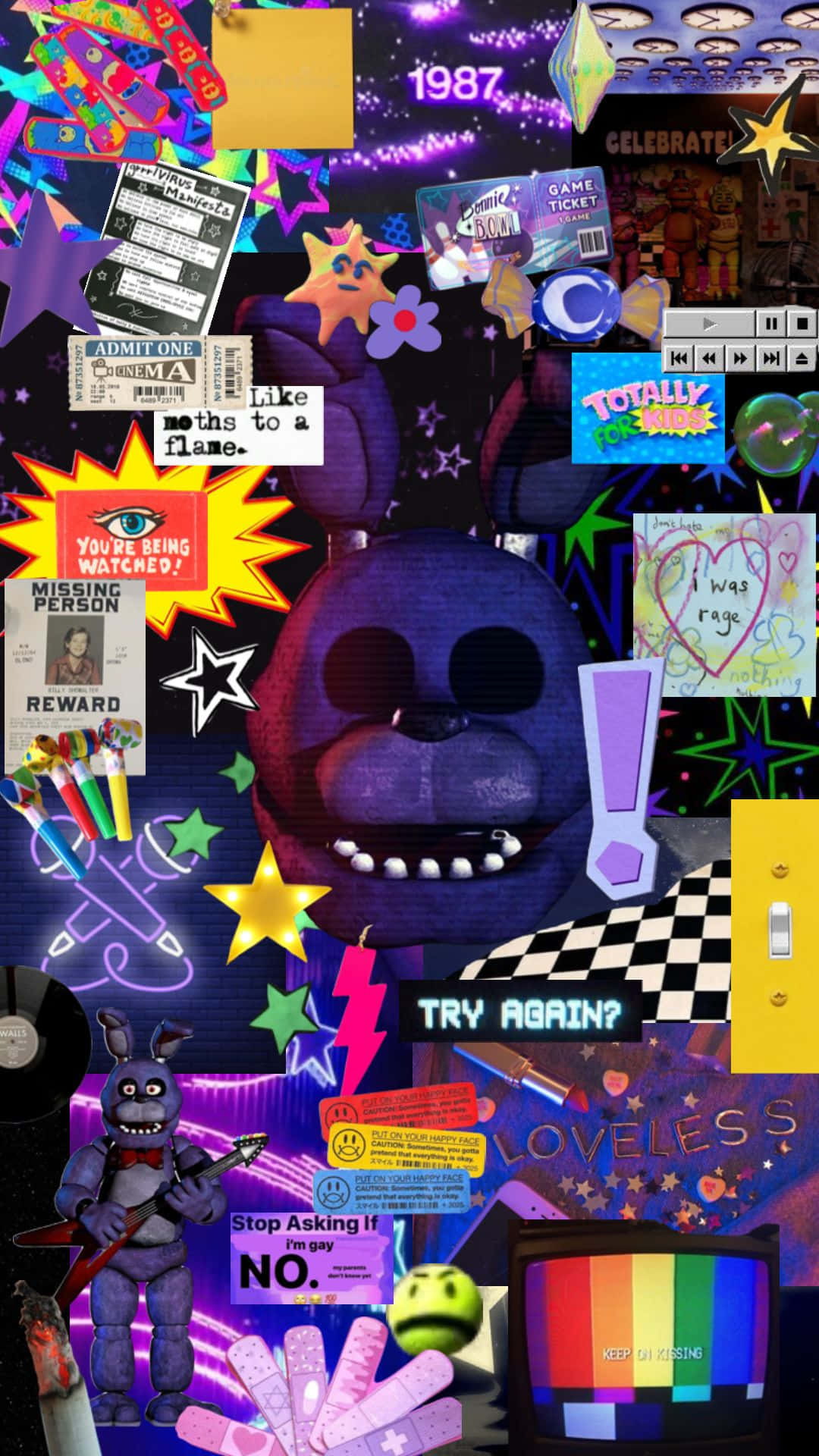 Fnaf, purple animatronic bear, neon collage, Full HD Phone Wallpaper