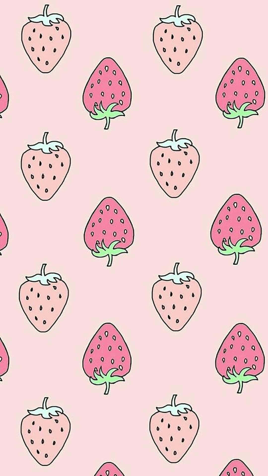 Strawberries, cute cartoon strawberries, pink and green, Full HD Phone Wallpaper