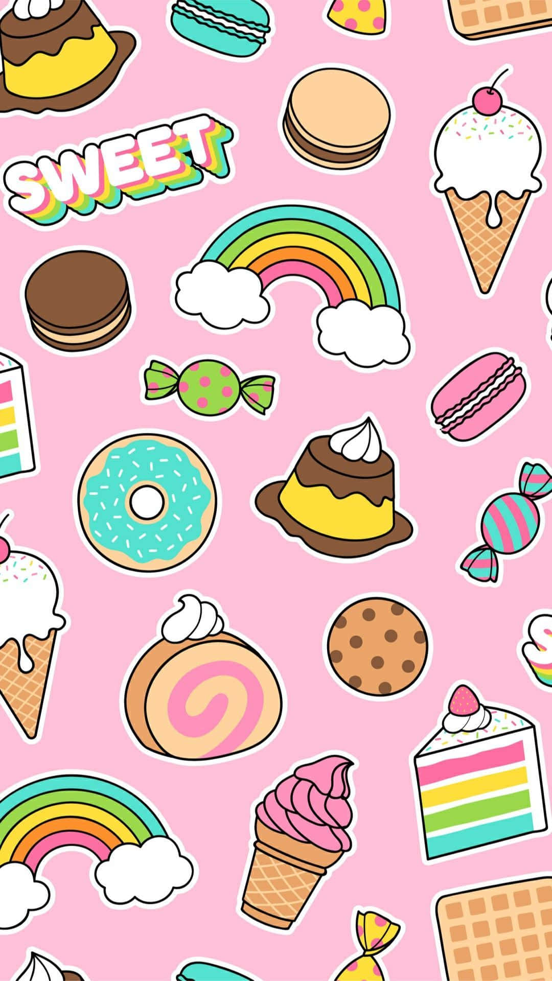 Cute Food iPhone, pink, cartoon sweets, Full HD Phone Wallpaper