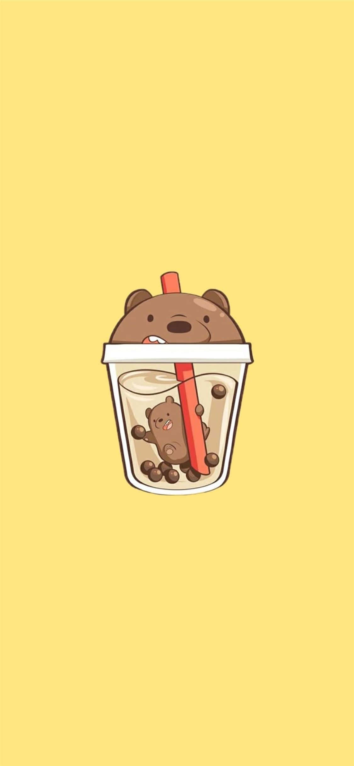 cartoon bear, boba tea cup, red straw, Full HD Phone Wallpaper