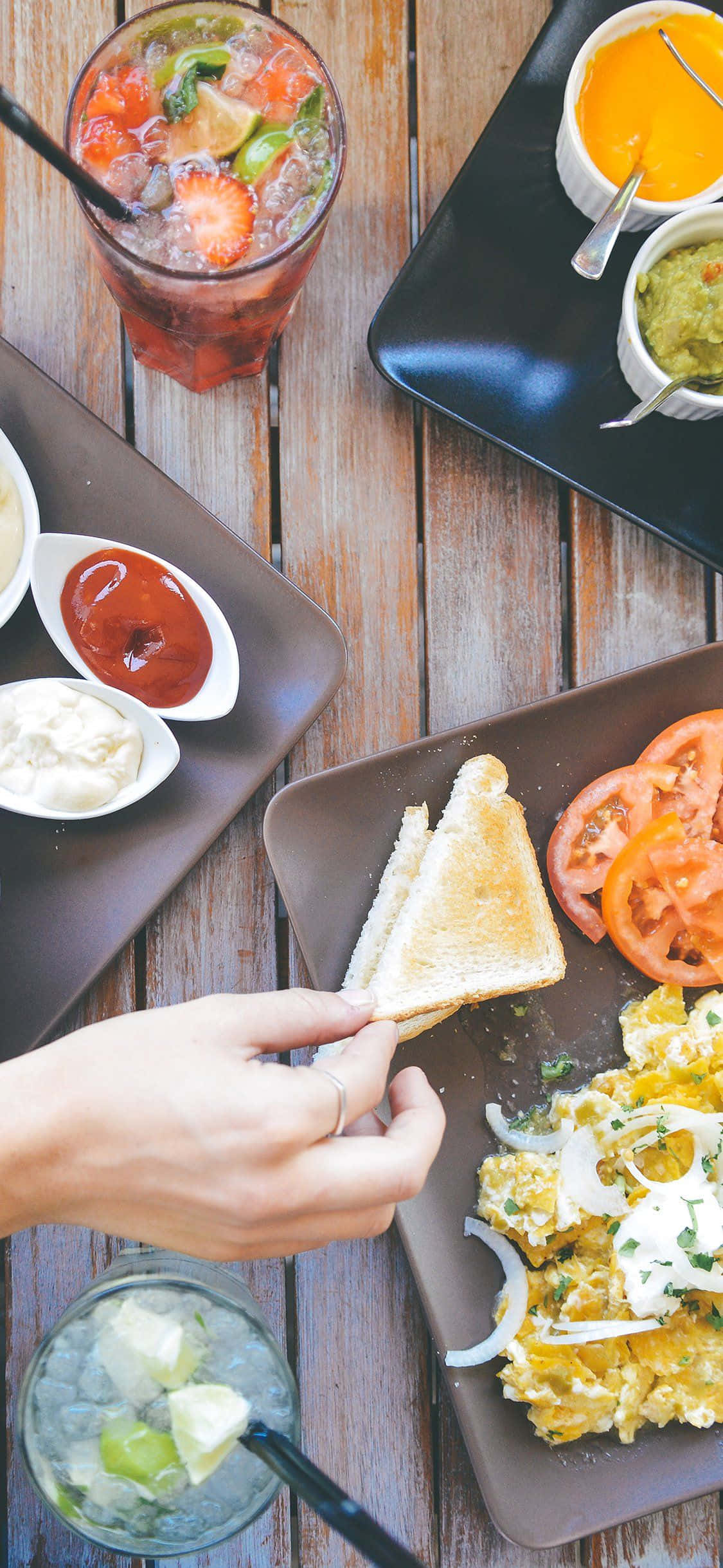 iPhone 1125 x 2436, rustic wooden table, scrambled eggs, Full HD Phone Wallpaper