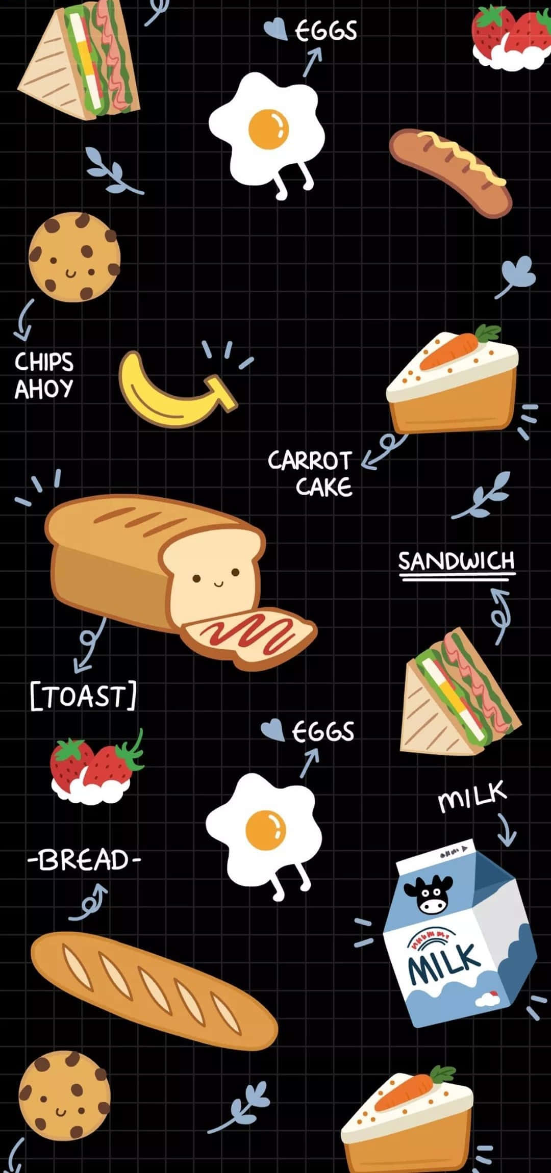 Cute Food iPhone, cartoon food pattern, smiling toast eggs, Full HD Phone Wallpaper