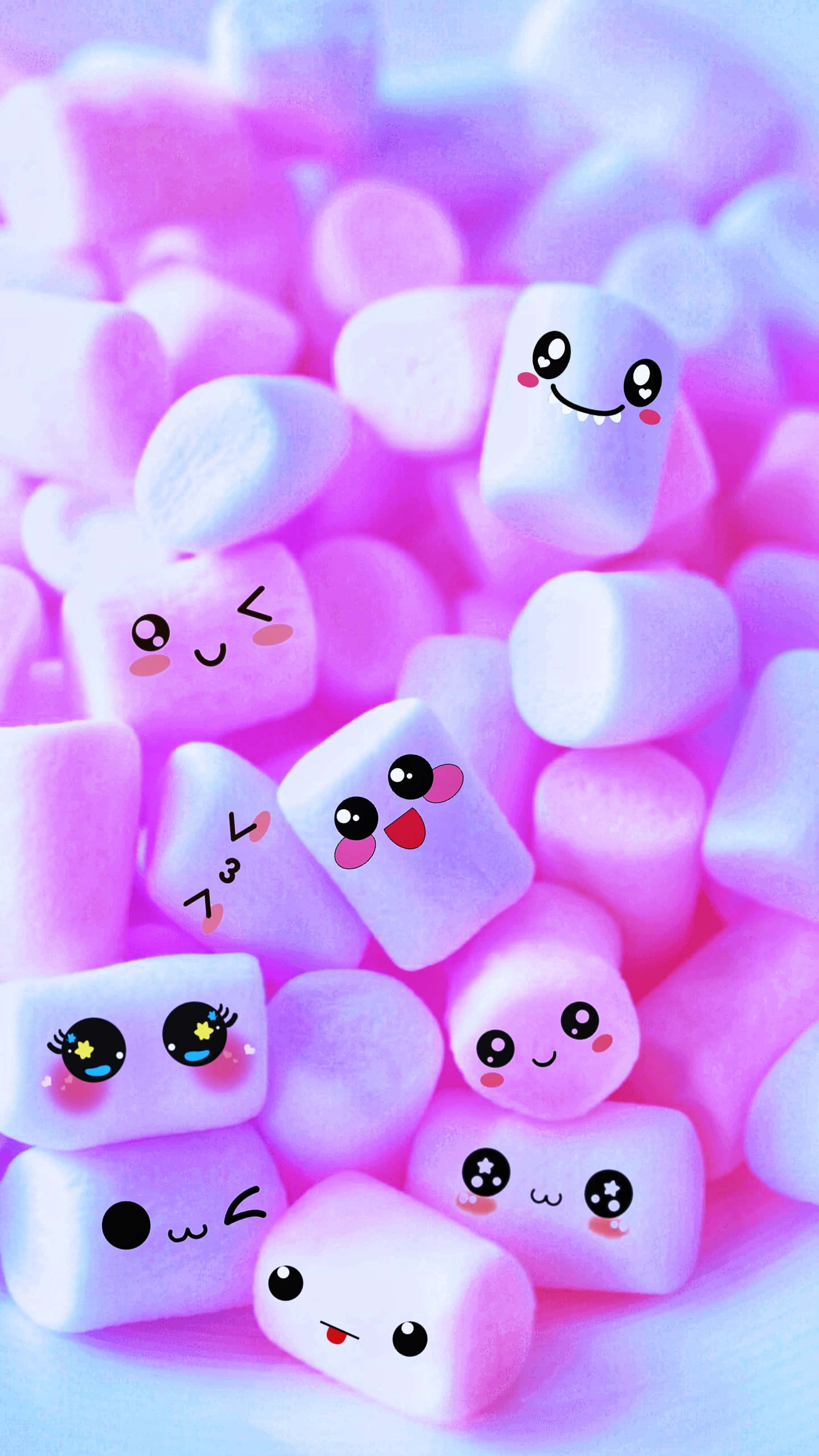 pink marshmallows, purple marshmallows, cute cartoon faces, 2K Phone Wallpaper