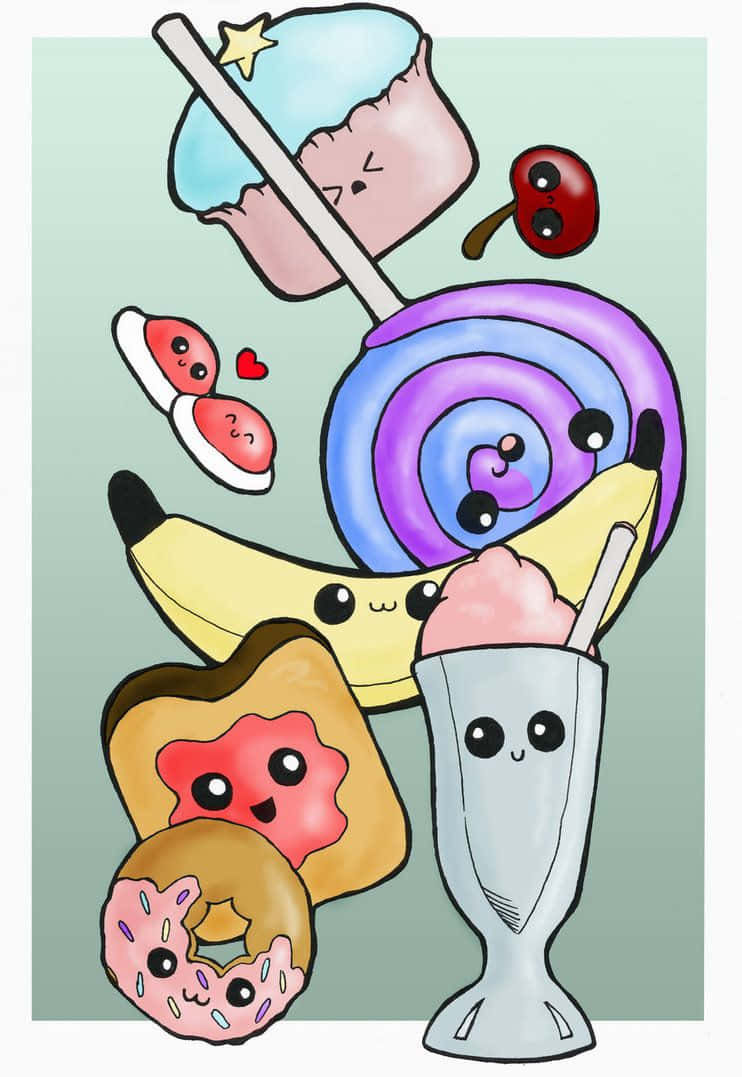 kawaii-style desserts, cupcake lollipop, banana milkshake, SD Phone Wallpaper