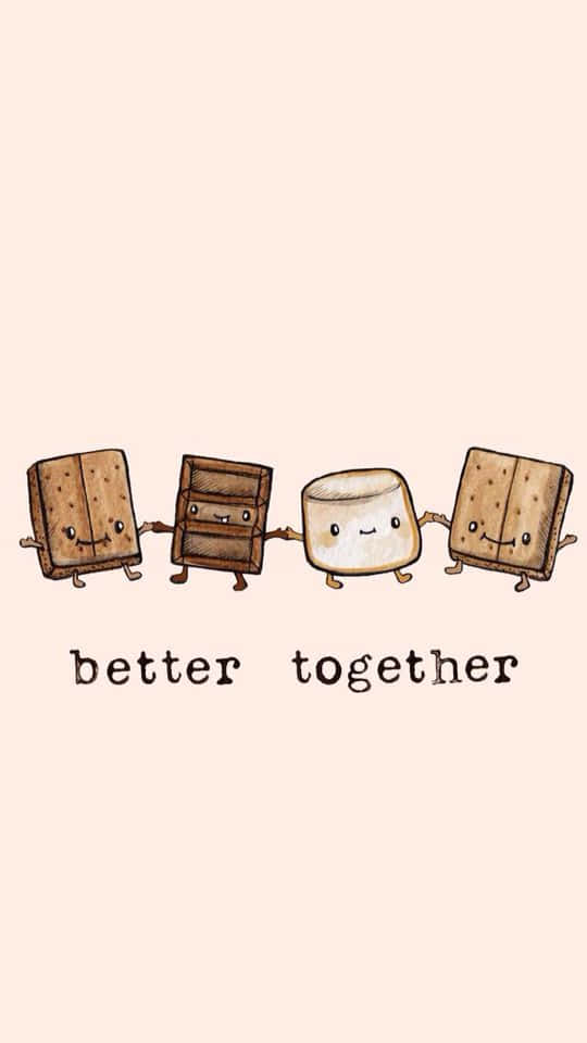 kawaii smores, four cute illustrated s'mores ingredients, soft beige background, SD Phone Wallpaper
